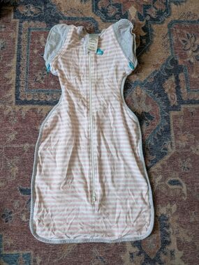 Love to dream Pink and White Striped Swaddle Transition Sack with Gray Trim